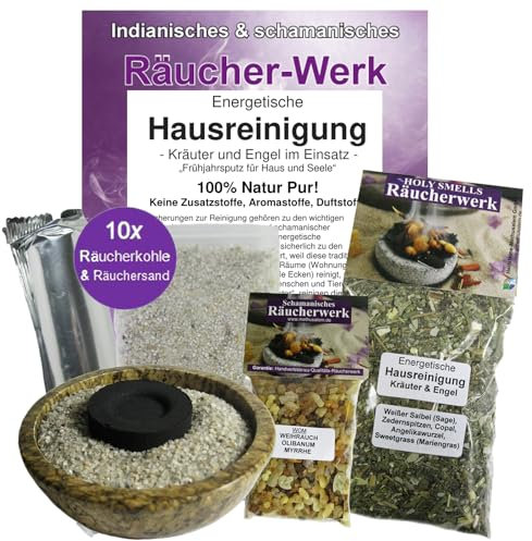 AUSRÄUCHERN von negativer Energie aus Haus & Wohnung 7-TLG Räucher-Set mit WEIHRAUCH + Salbei + MYRRHE + Räucherpfanne + Räucherkohle + Räucherzubehör für energetische HAUSREINIGUNG 81043W-P