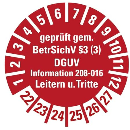 100 Stück - Prüfplakette Mehrjahresprüfplakette geprüft gemäß Leitern/Tritte, BetrSichV §3 | 22-27 Etikett Folie Aufkleber, rot | Ø15-40mm Made in Germany, Größe: Ø40 mm