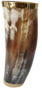 Viking By Heart Taza de cuerno de buey, aproximadamente 5-6 pulgadas, taza de cuerno de 300 ml, borde de latón y base de madera, taza de cuerno original hecha a mano, vaso de cerveza para hombres y