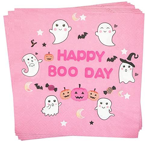 Happy Boo Day Servietten, rosa Halloween-Geburtstagsservietten, pastellfarbene Halloween-Geburtstagsparty-Dekorationen, rosa Mädchen, Halloween-Geburtstagsparty-Dekorationen, 5 cm, 50 cm)