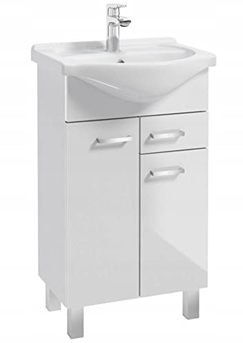 VBChome Badmöbel 50x30 cm Waschbecken mit Unterschrank Weiß Waschtisch Badezimmer Badschrank Stehend 2 Türen 1 Schublade Hochglanz Modern Elegant Funktionell Selbstmontage