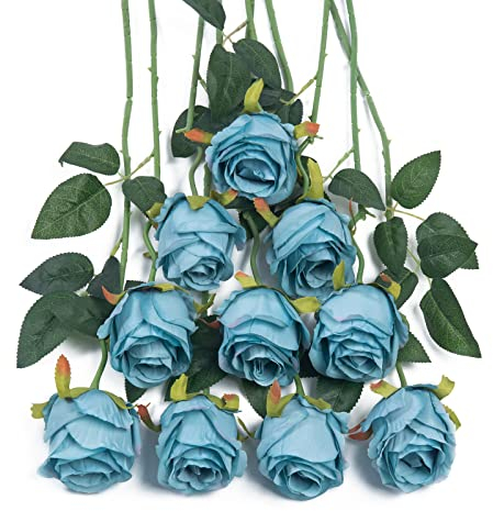 DuHouse 10pcs Artificial Silk Roses Flowers Single Long Stem Fake Rose Bouquet for Wedding Home Party Decoration Centerpieces(Blue)