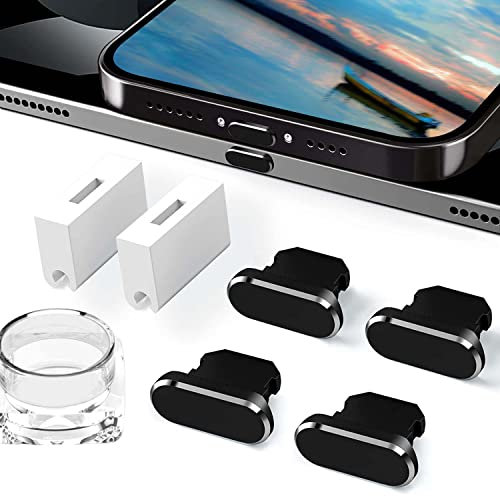 Fanoshon 4 Pack Anti Dust Plugs Black Charging Port Plugs Compatible with iPhone 14 Pro Max 13 12 11 Mini Plus iPad Airpods, Metal Covers Protectors Prevent Your Charger Port from Dust/Lint/Water/Lost