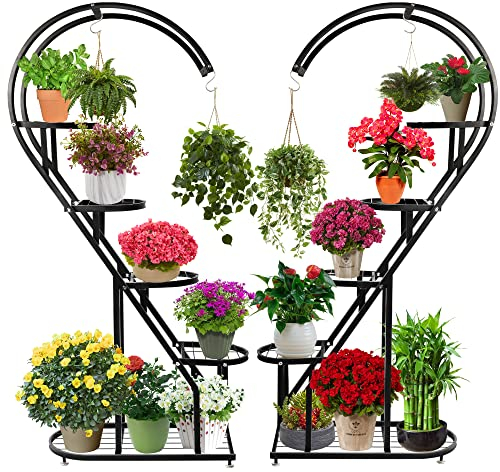 REAWOW Metal Plant Stand Flower Stand Heart Shape Ladder Plant Stand with Hanging Hook Plant Display Rack Indoor Outdoor Plants Multiple 7 Tiers Black Plant Stand for Balcony Patio Garden