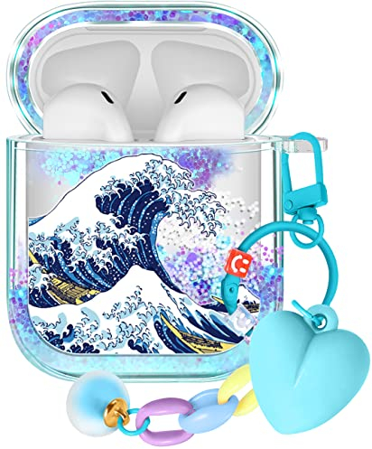 Kokaaee for Airpod Case 2nd & 1st Generation Cover Kawaii Funda Cute Girls Women Protector Liquid Glitter Bling Sparkly Fun Wave Design Estuche Keychain Y2K Girly for Apple Air Pod 1/2 Gen