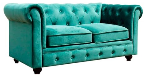 Solycarpa Sofá Chésterfield de Terciopelo Verde, 2 de Plazas. Elegante, Clásico y de Calidad, Diseño Vintage Sofisticado para Salón, Eventos y Hogar.
