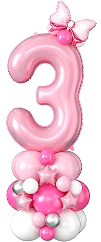 40 Inch Number 3 Balloon Pink Number Foil Balloon Giant Number Three Balloon Tower Large Big Pastel Baby Pink Helium Latex Digital Balloons Stack for Girls 3rd Birthday Anniversary Party Decorations