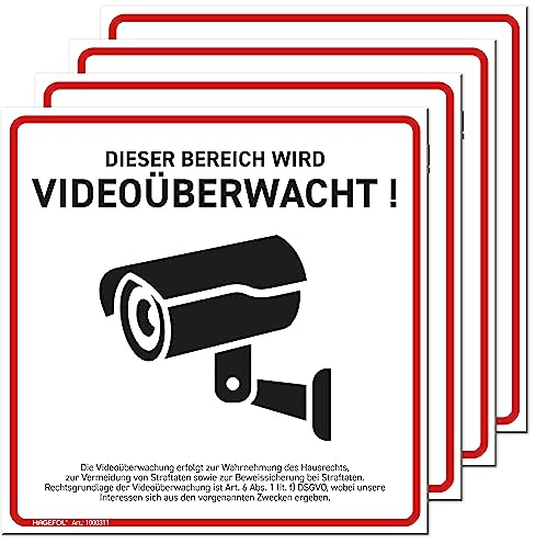 HAGEFOL® Schild Videoüberwachung, 4er Set, (15x15 cm - klein) mit DSGVO Hinweis, Kamera Warnhinweis für Überwachungskamera oder Kamera Attrappe (Hartschaum Weiß)