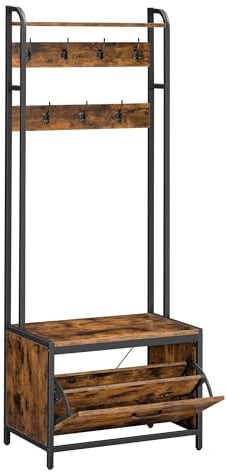 VASAGLE Garderobenständer mit Schuhschrank, Garderobe mit Sitzbank, Kleiderständer, Schuhkipper, 7 Haken, obere Ablage, für Flur, Schlafzimmer, Industrie-Design, vintagebraun-schwarz HSR425B01