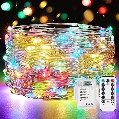 Guirlande LED à Pile 1 Pièce 12M 12 LED Guirlande Lumineuse Pile 8 Modes Guirlande Lumineuse LED avec Minuterie et Télécommande pour Chambre Terrasse Intérieure Extérieure Décoration(Coloré)