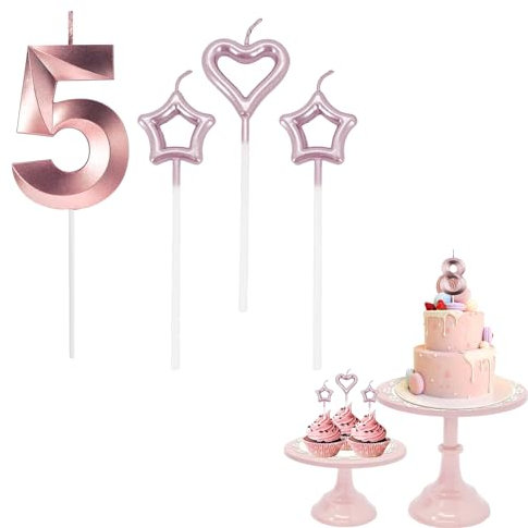 5th Birthday Candle Rose Gold Number 5 Candle for Birthday Cake with Heart-Shaped Candles, Rose Gold 5 Candle for Cake Birthday Cake Topper Decorations for Girls Birthday Wedding Anniversary Party