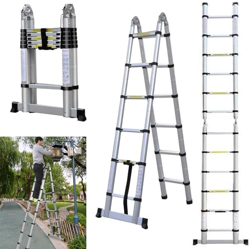 5M Teleskopleiter Klappleiter mit Stabilisator, 2,5M+2,5M Mehrzweckleiter Ausziehleiter, Klappleiter Stehleiter Mehrzweckleiter, Ausziehbare Leiter Rutschfester Haushaltsleiter, 150kg Belastbarkeit