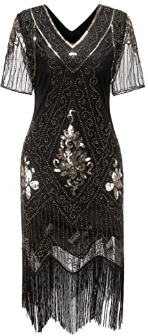 Gionforsy Damen 1920s Kleid mit Pailletten Kurzem Ärmel 20er Jahre Flapper Kostüm Kleid für Great Gatsby Motto Party Halloween Karneval Fasching (Gold Schwarz, XXL)