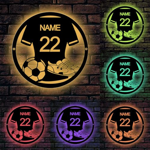 Personalised Soccer Metal Wall Art Light,Custom Name/Number Football Wall Lamp, Monogram Led Light Up Sign Sports Neon Sign Fan Accessories Gifts -16 Colors Changing (Remote Control)