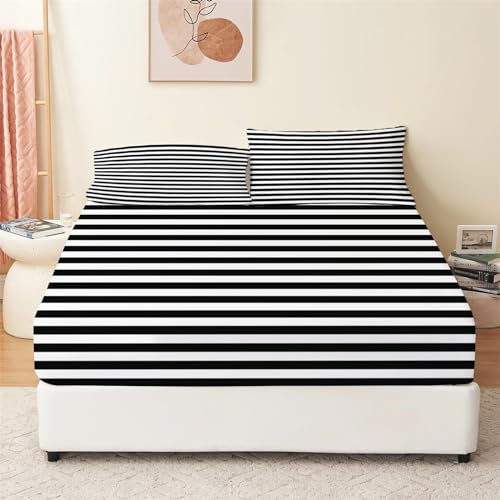 Spannbettlaken 200x200 cm, Weiche und Atmungsaktiv Mikrofaser Einfache Schwarz-Weiß Gestreifte Geometrie Spannbetttuch mit 2 Kissenbezug, Spannbetttücher für Boxspringbett, bis 5-30cm Matratzenhöhe