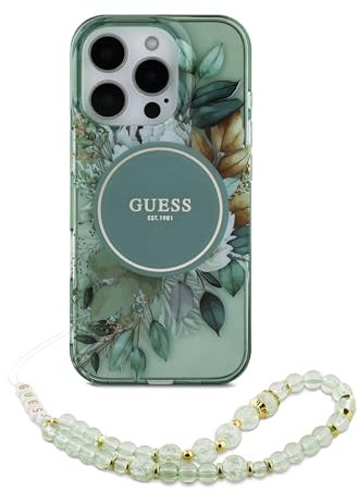 CG MOBILE Guess GUHMP16XHFWBRCESN Hülle für iPhone 16 Pro Max 6.9 Grün hardcase IML Flowers with Pearl Strap