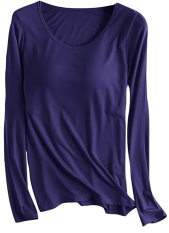 Haut pour femme avec soutien-gorge intégré - T-shirt à manches longues pour femme - Confortable et extensible - Col rond - Décontracté - Solide - Haut de pyjama - Soutien-gorge de gym et de yoga, 01