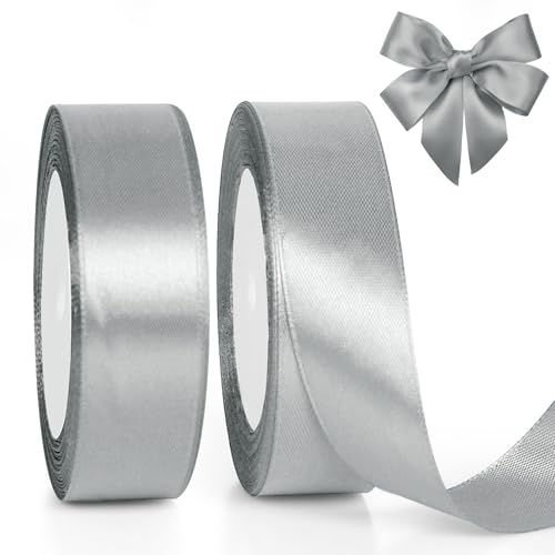 GXFCING Silver Ribbon 25mm, 46 Meters Thick Silver Satin Ribbon Christmas Ribbon for Gift Wrapping, Crafts, Balloons, DIY Sewing, Bows, Cake Box, Wreath, Wedding, Birthday, Party Decoration