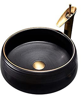 JKJZSALJ Lavabo sur Pied Noir, Évier Artistique Rond Minimaliste en Céramique Au-Dessus du Comptoir avec Robinet Et Bonde Escamotable, Lavabo Artistique en Porcelaine pour Salle De Bain