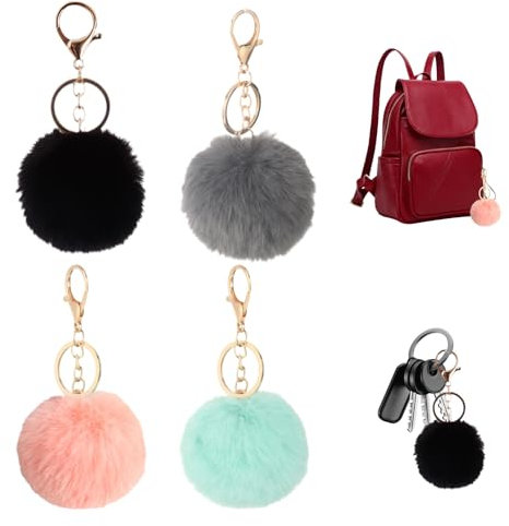 4 Stücke Pom Poms Schlüsselanhänger,Plush Keychain,Schlüsselanhänger Puschel Bommel,Flauschige Pompom Wuschelball Anhänger,Flauschige Pompom Plüschanhänger,(Schwarz,Dunkelgrau,Rosa,Aquablau)