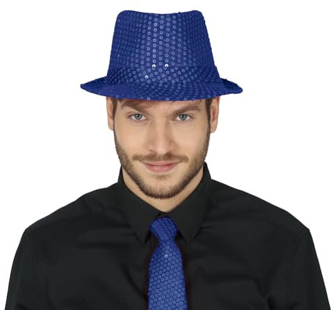 FIESTAS GUIRCA | Blauer Gangsterhut mit Pailletten - Kostümzubehör für 20er Jahre Partys und Vintage Feiern - Ideal für Erwachsene Unisex - Blau