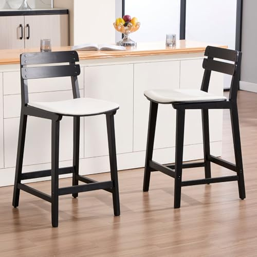 chairus Lot de 2 Tabourets de Bar Scandinaves Chaise Haute Bar Rétro avec Pieds en Bois Massif Tabouret Bar Moderne, Chaises de Bar Haute Cuisine Rembourrée pour Ilot Central/Bar/Comptoir, Noir