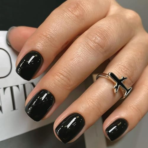 Ceboic 24Pcs Court Carré Faux Ongles, Naturel Noir Couleur Unie Ongles à Coller, Acryliques Couverture Complète Press on Nails, Réutilisables Artificiels Faux Ongles Autocollants pour Femme et Fille