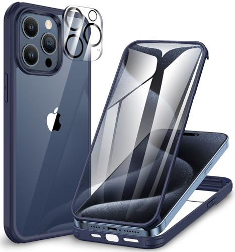 CENHUFO iPhone 15 Pro Case with Built-in Glass Screen Protector, Camera Lens Protection, 360 Full Body Heavy Duty Shockproof Protective Cover - Blue