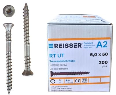 REISSER - Boîte de 200 vis pour terrasse bois - Revêtement Antique - diamètre 5 mm x 50 mm - Acier inox A2 - Empreinte Torx TX20 - tête fraisée - Embout OFFERT
