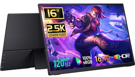 2.5K 120Hz Portable Gaming Monitor 16 Inch 2560x1600 QHD 16:10 400 Nits HDR FreeSync Portable Monitor with Speaker Case External Display for PC Game Console