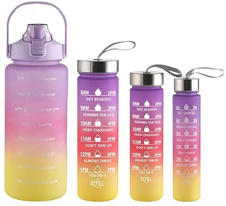 Motivational Water Bottle Set, 4-Pack, 2L/900ml/600ml/300ml, Rainbow Gradient, BPA-Free with Time Markers leak proof Reusable Water Bottle with handel for Gym,office,School,Outdoor (PURPLE)