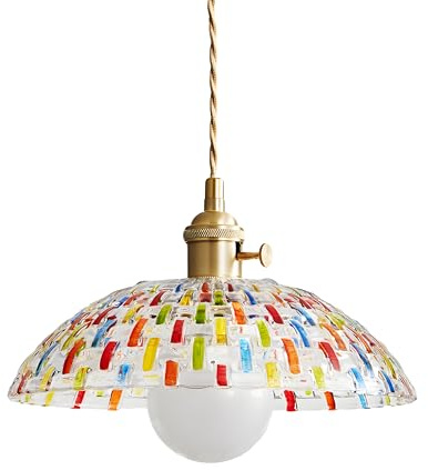 HJXDtech Suspension Luminaire avec Abat-Jour en Verre Coloré Mosaïque, Lampe Suspendue de Plafond Loft Vintage E27 avec Interrupteur, Simple Lustre pour Cuisine Salon & Salle à Manger (25cm)