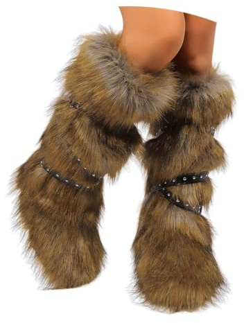 ORANDESIGNE Femme Bottine en Peluche Fourrure Hiver Bottes de Neige Plate Bottines Fourrées Y2K avec Boucle de Ceinture A Marron 39 EU