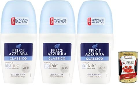 Felce Azzurra Deo Roll On Classico 48h mit IdraTalc Formel – Kein Alkohol, Keine Flecken, Dermatologisch Getestet, Sanft & Langanhaltend 3 x 50ml + Italian Gourmet Polpa