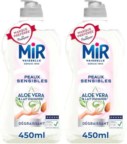 Mir Vaisselle - Soin Aloe Vera & Fleur de Coton - Respect des Peaux Sensibles - Dégraissant - Sans Conservateurs - Sans Allergènes Parfum - Marque Préférée des Français - Bouteille de 450 ml