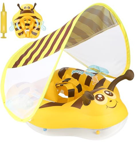 ROCKY&CHAO Schwimmring Baby mit UPF50+ Sonnenschutzdach Aufblasbare Schwimmhilfe Verstellbarer Sicherheitssitz Kleinkind Pool Schwimmring Schwimmtrainer für Kinder von 6 bis 24 Monaten (bee2026