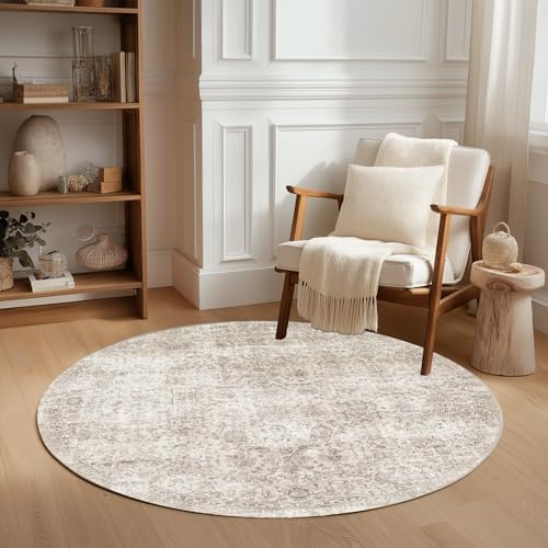 Beauoop 120cm Round Washable Area Rug Beige Vintage Neutral Distressed Small Non Slip Carpet for Living Room Bedroom Soft Low Pile Indoor Mat Retro Circle Throw Rug for Dining Room Kitchen Office