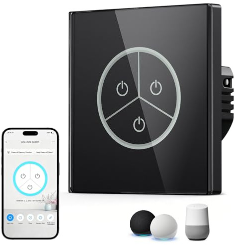 Táctiles Interruptores Wifi, 3 Gang 1 Vía Luz Pared Interruptor Inteligente | Smart Interruptor Compatible con Alexa/Google, Smart Light Switch Wifi con Tuya/Smart Life APP, Conductor Neutro Necesario