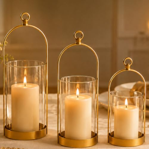 Windlicht Glas Gold 3er-Set zum Hängen/Stellen, Windlichter | Abnehmbarem Glaszylinder, Groß Kerzenständer Teelichthalter, Kerzenhalter Tischdeko für Wohnzimmer, Hochzeit, Esstisch