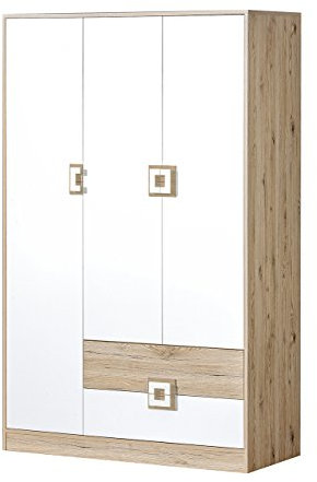 120 Nicola NA03 Armoire à portes battantes, poignées au choix, 6 étagères, 2 tiroirs, tringle à vêtements, élégante pour chambre d'adolescent (chêne clair/blanc + chêne clair)