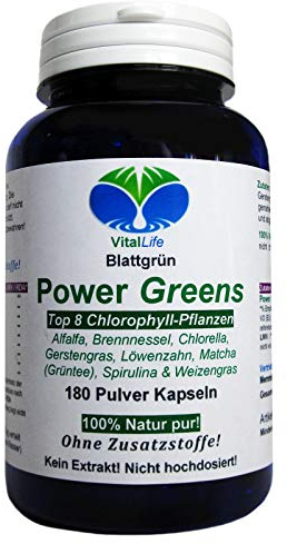 Power Greens Top 8 Chlorophyll Pflanzen 180 Pulver Kapseln Natur Pur NICHT hochdosiert KEIN Extrakt OHNE Zusatzstoffe OHNE Füllstoffe. 26332