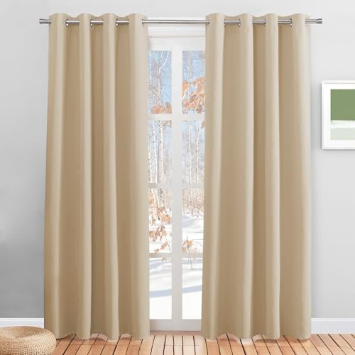 PONY DANCE Thermovorhänge Hitzeschutz mit Ösen Wohnzimmer Gardinen Beige 2er Set H 220 x B 140 cm Verdunklungsgardine Ösen Vorhang Wärmeisolierend, Biscotti Beige