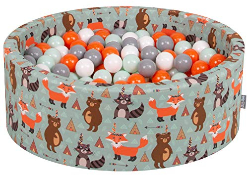 KiddyMoon Rund Bällebad Bällepool 90X30cm/200 Bälle ∅ 7Cm Ballgruben Mit Bunten Bällen Für Babys Spielbad Kleinkinder, Hergestellt In Der EU, Füchse-Grün:Orange/Mint/Grau/Weiß