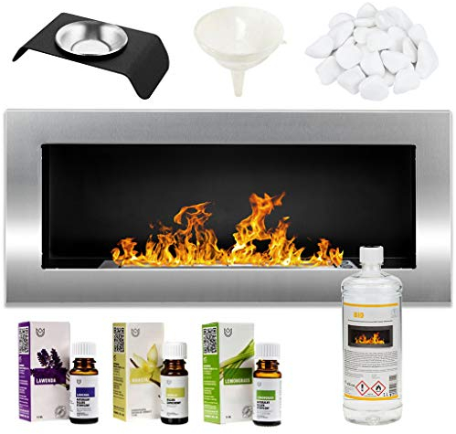 GMT Bioethanol Eco Rauchfreier Kamin Silber 90 x 40 cm – dekorativer Kaminofen für den Innenbereich, Wand oder Einbaufeuer – modernes Rahmendesign – einfach zu montieren mit organischen flüssigen