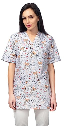 DINOZAVR Bruna Kasacks Damen Pflege V-Ausschnitt Kurzarm - Kasack Damen Bunter Druck mit 2 Unteren und 1 Oberen Tasche - Kasaks Altenpflege Bären/Grau L