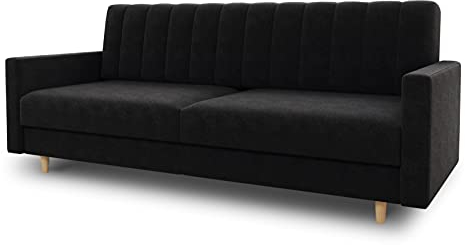 Schlafsofa Sara - Sofa mit Schlaffunktion und Bettkasten, Bettsofa mit Wellenfeder, Schlafcouch mit Holzfüße, Couch vom Hersteller, Couchgarnitur, Velours (Schwarz (Kronos 07))