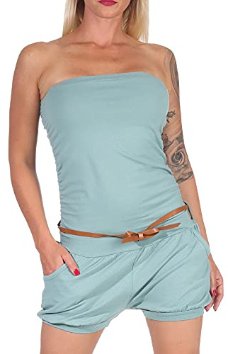 malito - Damen Jumpsuit - Einteiler mit Gürtel & Taschen - Bandeau Sommer Overall - kurzer trägerloser Playsuit - unifarbener Romper 8964 (Jadegrün)