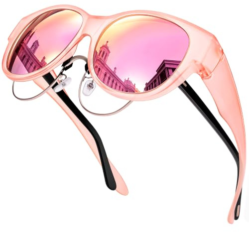 URUMQI Sonnenbrille für Damen, polarisiert, UV400-Schutz, passt über Brille, Sonnenbrille für Damen, rundes Katzenauge, A06 mattrosa Rahmen/rosa verspiegelte Gläser, Large