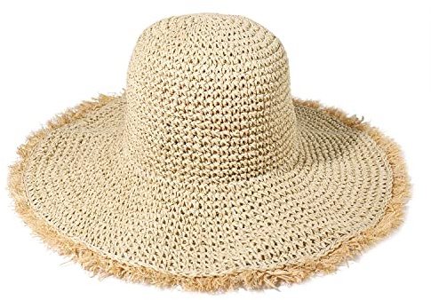 XOCARTIGE Sonnenhüte für Damen, Strohhut, breite Krempe, Sommer, Strandhut, faltbar, mit Fransen, Floppy, Fedora-Hüte für den Sommer, Urlaubszubehör, beige, Einheitsgröße