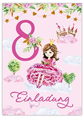 Junapack 12 Einladungskarten zum 8. Kindergeburtstag Einladung zum achten Geburtstag Mädchen Prinzessin mit Einhorn